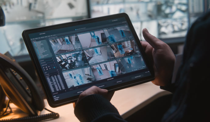 a person monitoring cctv in a tablet