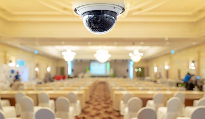 Dome camera overlooking a conference hall