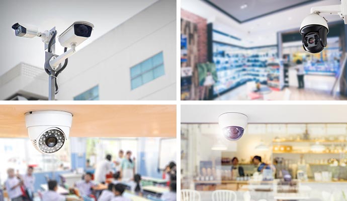 Collage of diverse security cameras used in retail, healthcare, education, and municipal environments Collage of diverse security cameras used in retail, healthcare, education, and municipal environments