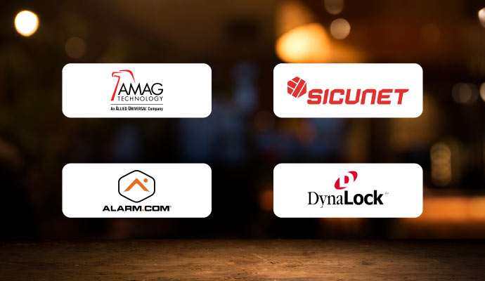 collage of fargo, dyanlock, alarm.com and amag logo