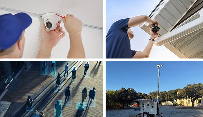 Collage of indoor & outdoor camera installation, AI video security monitoring and mobile surveillance trailer Collage of indoor & outdoor camera installation, AI video security monitoring and mobile surveillance trailer