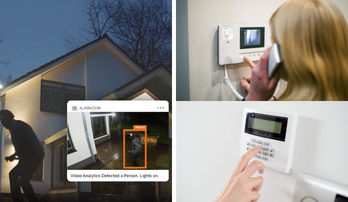 collage of burglary detection, intercom and intrusion alarm system