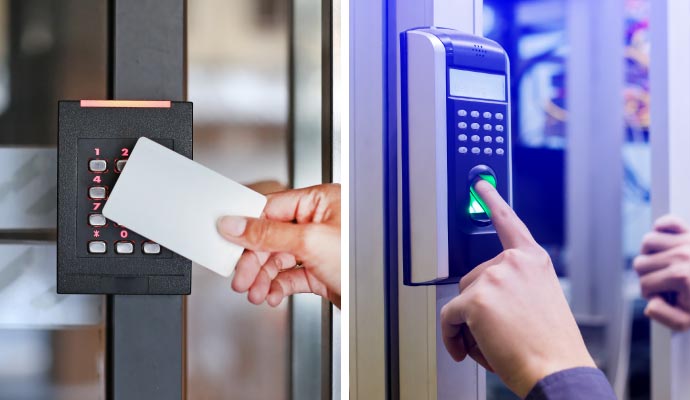 Collage of key card and biometric reader access system