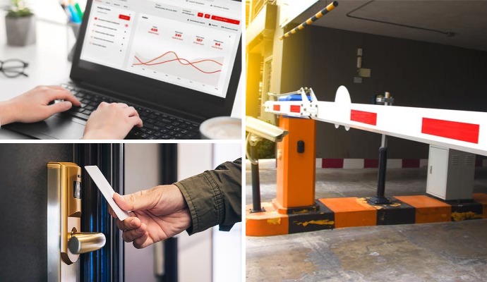 Collage of smart business report, touch-less door and parking system Collage of smart business report, touch-less door and parking system