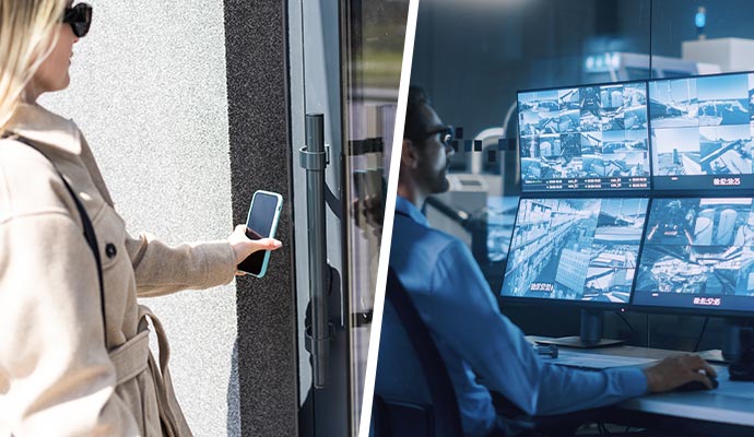 Collage of touchless door system and video monitoring