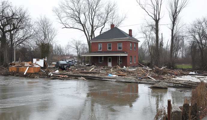 House with debris and flood water