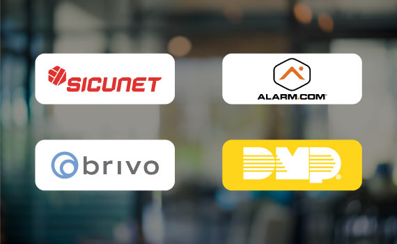 Collage of Dsx, Alarm.com, DMP, Brivo brand's logo.